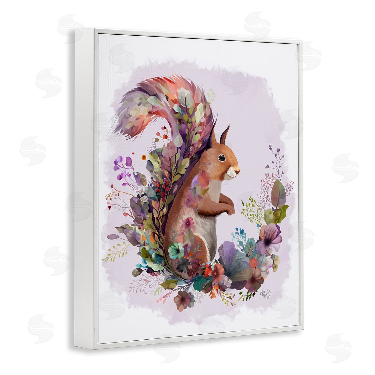 Squirrel and Floral Garland White Frame Print Wall Art, Home Decor by Fab Funky