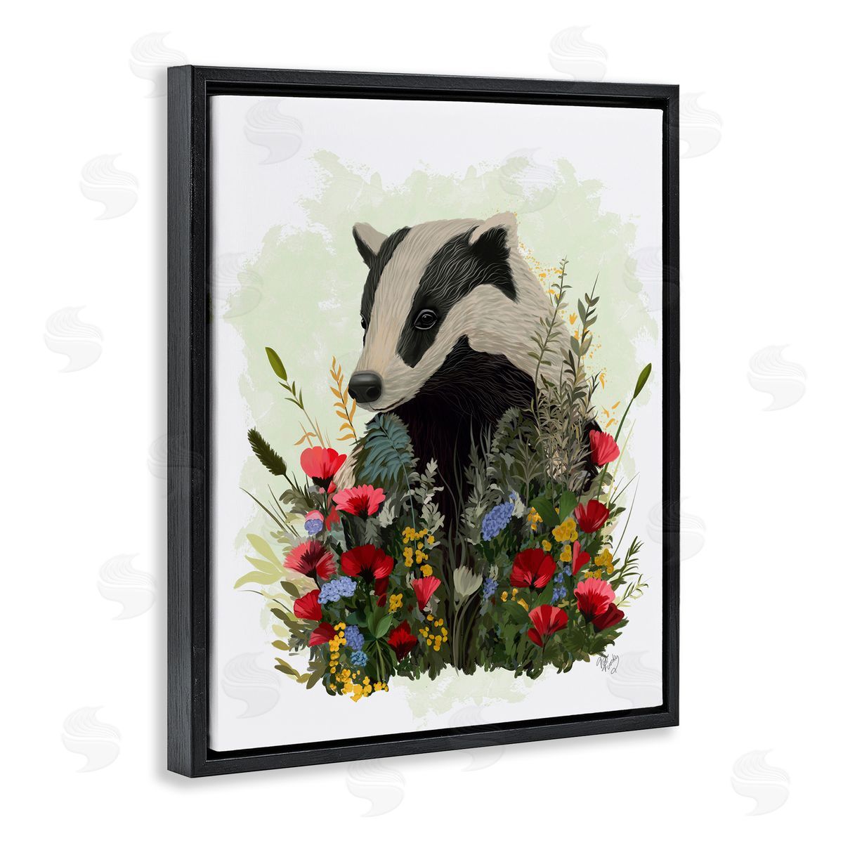 Badger with Poppy Blossoms Black Floating Frame Canvas Wall Art, Home Decor by Fab Funky