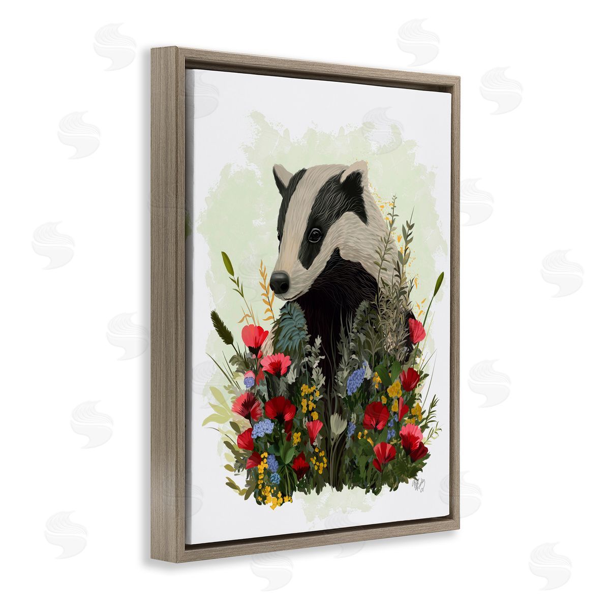 Badger with Poppy Blossoms Brown Floating Frame Canvas Wall Art, Home Decor by Fab Funky