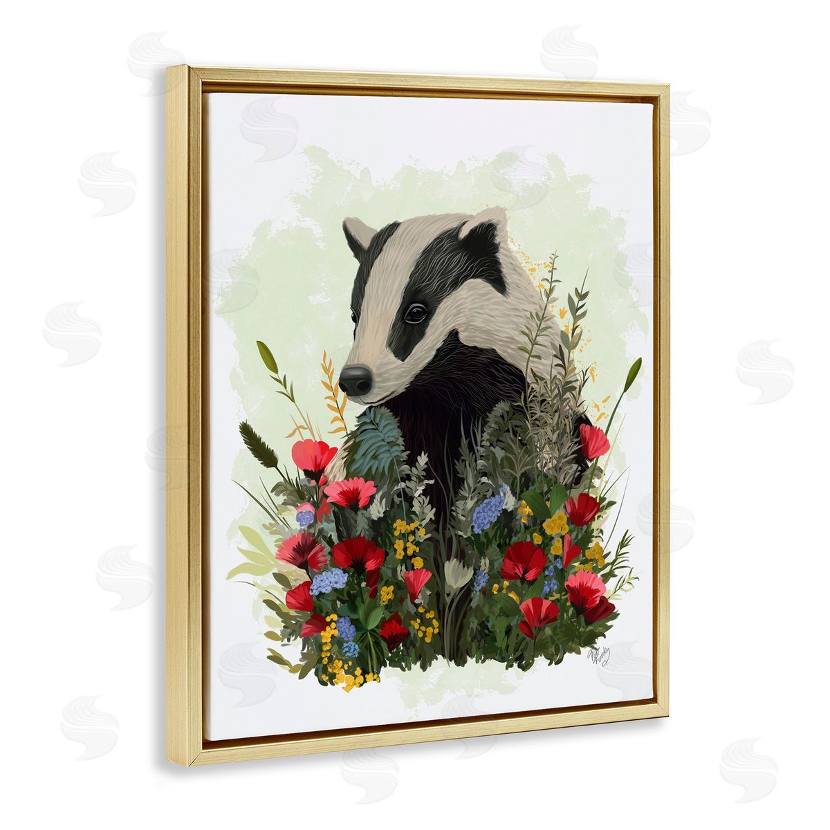 Badger with Poppy Blossoms Gold Floating Frame Canvas Wall Art, Home Decor by Fab Funky