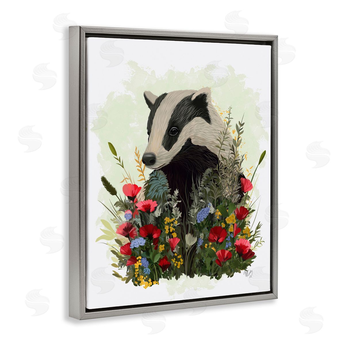 Badger with Poppy Blossoms Grey Floating Frame Canvas Wall Art, Home Decor by Fab Funky