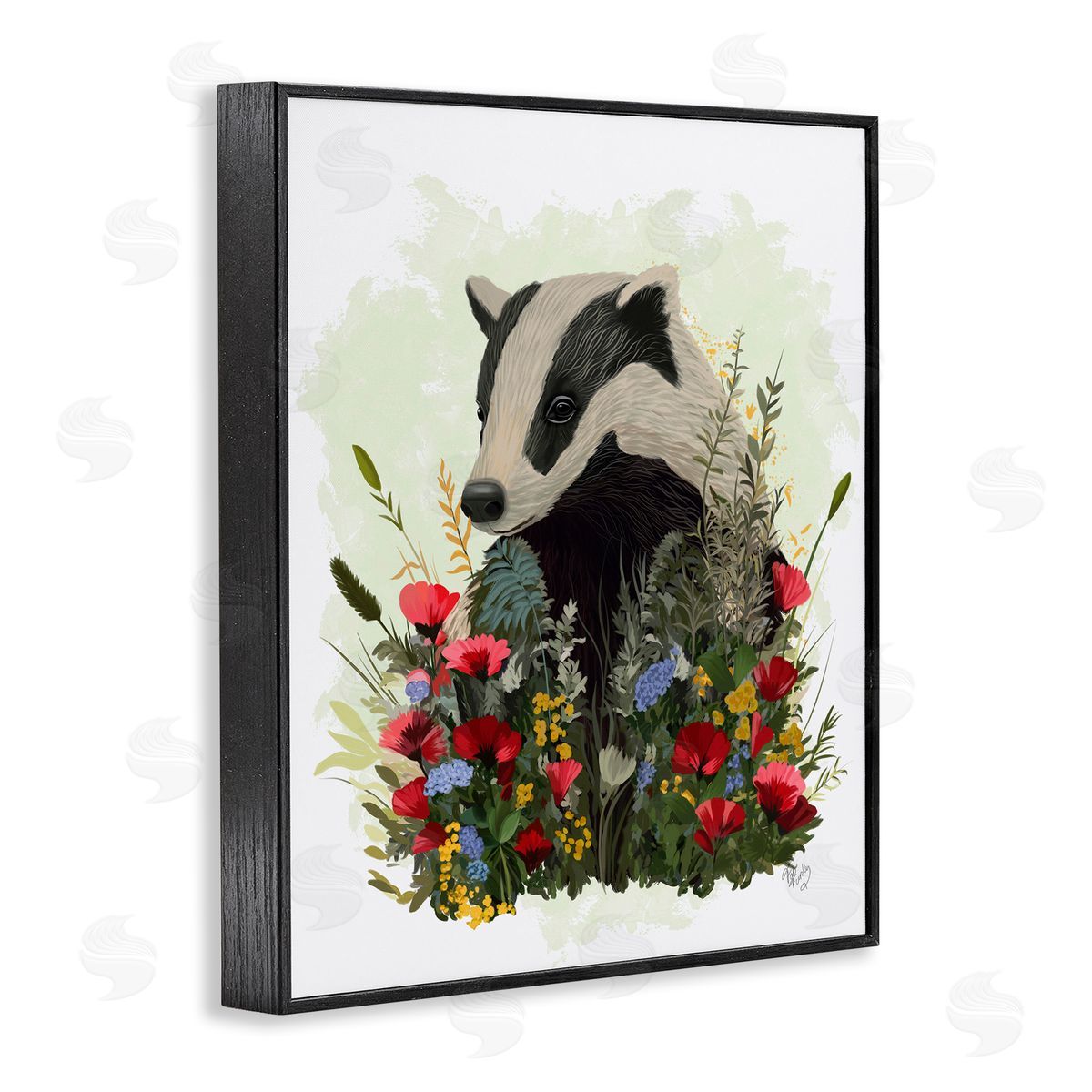 Badger with Poppy Blossoms Black Frame Print Wall Art, Home Decor by Fab Funky