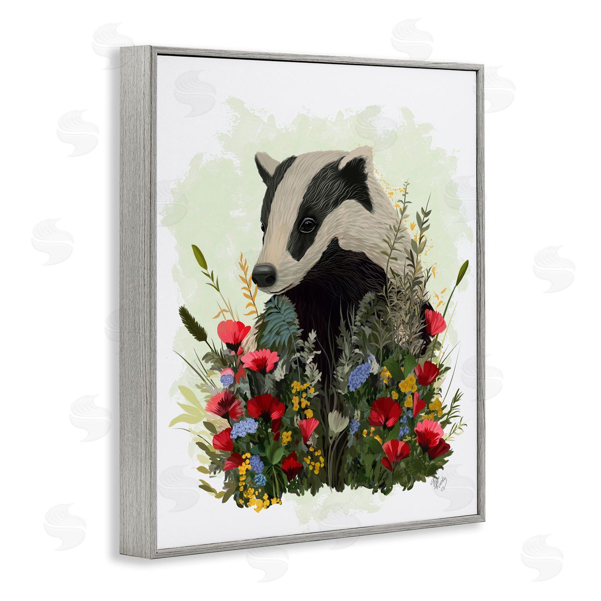 Badger with Poppy Blossoms Grey Frame Print Wall Art, Home Decor by Fab Funky