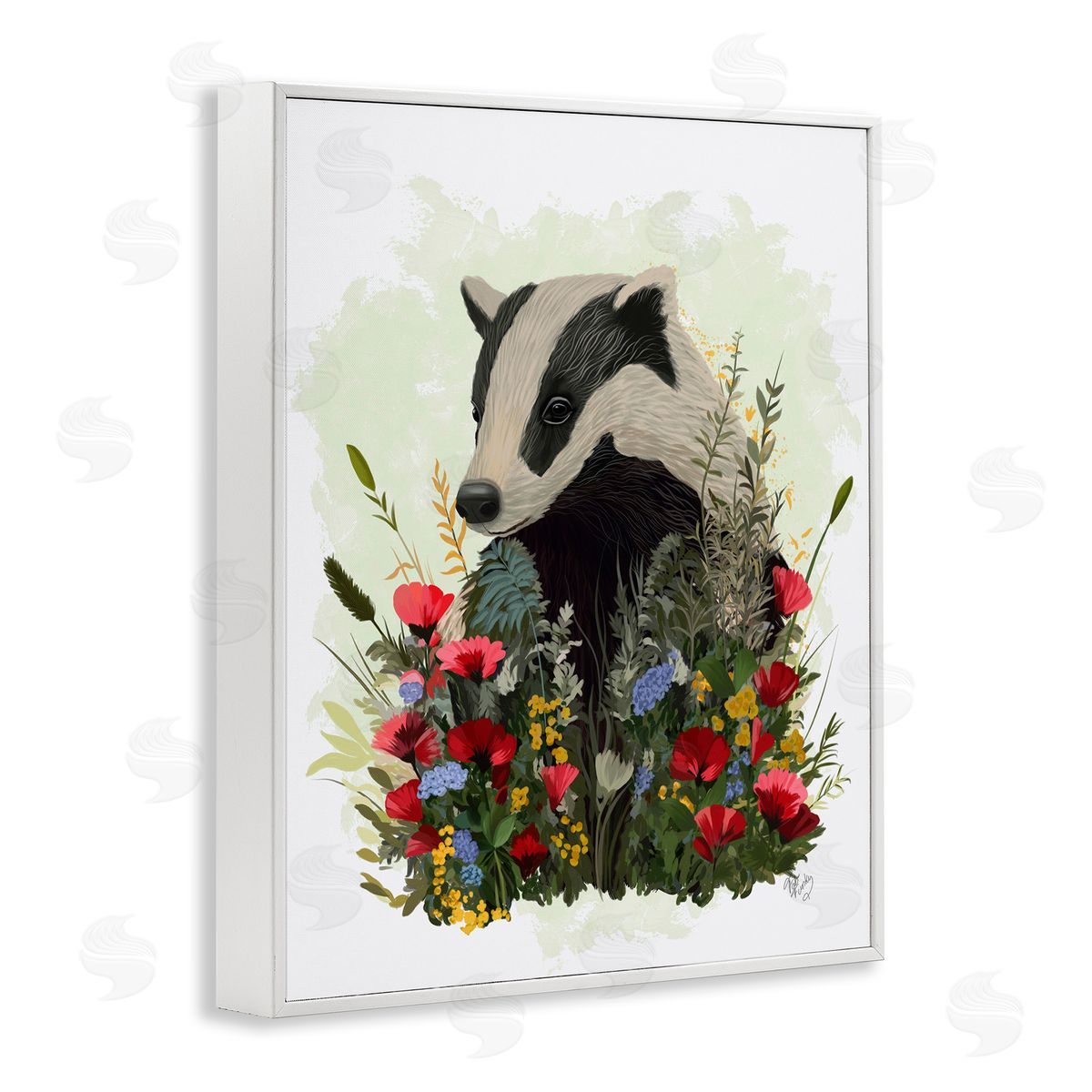 Badger with Poppy Blossoms White Frame Print Wall Art, Home Decor by Fab Funky