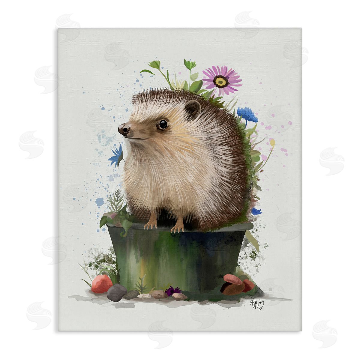 Hedgehog in Gardening Pot Canvas Wall Art, Home Decor by Fab Funky