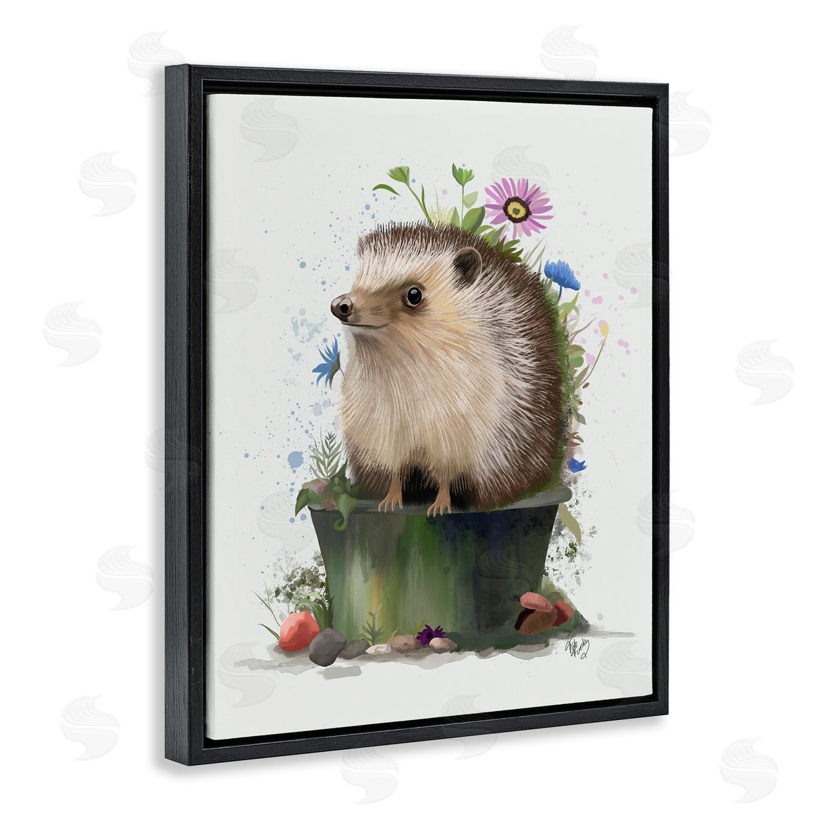 Hedgehog in Gardening Pot Black Floating Frame Canvas Wall Art, Home Decor by Fab Funky