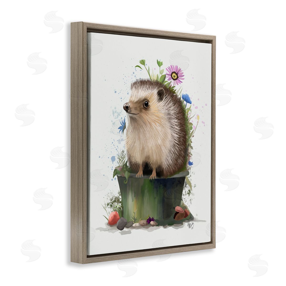 Hedgehog in Gardening Pot Brown Floating Frame Canvas Wall Art, Home Decor by Fab Funky