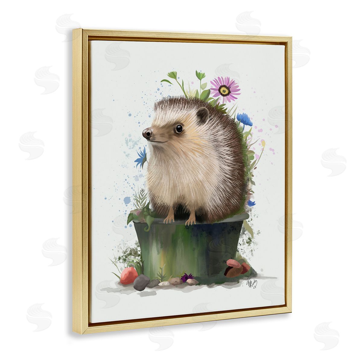 Hedgehog in Gardening Pot Gold Floating Frame Canvas Wall Art, Home Decor by Fab Funky