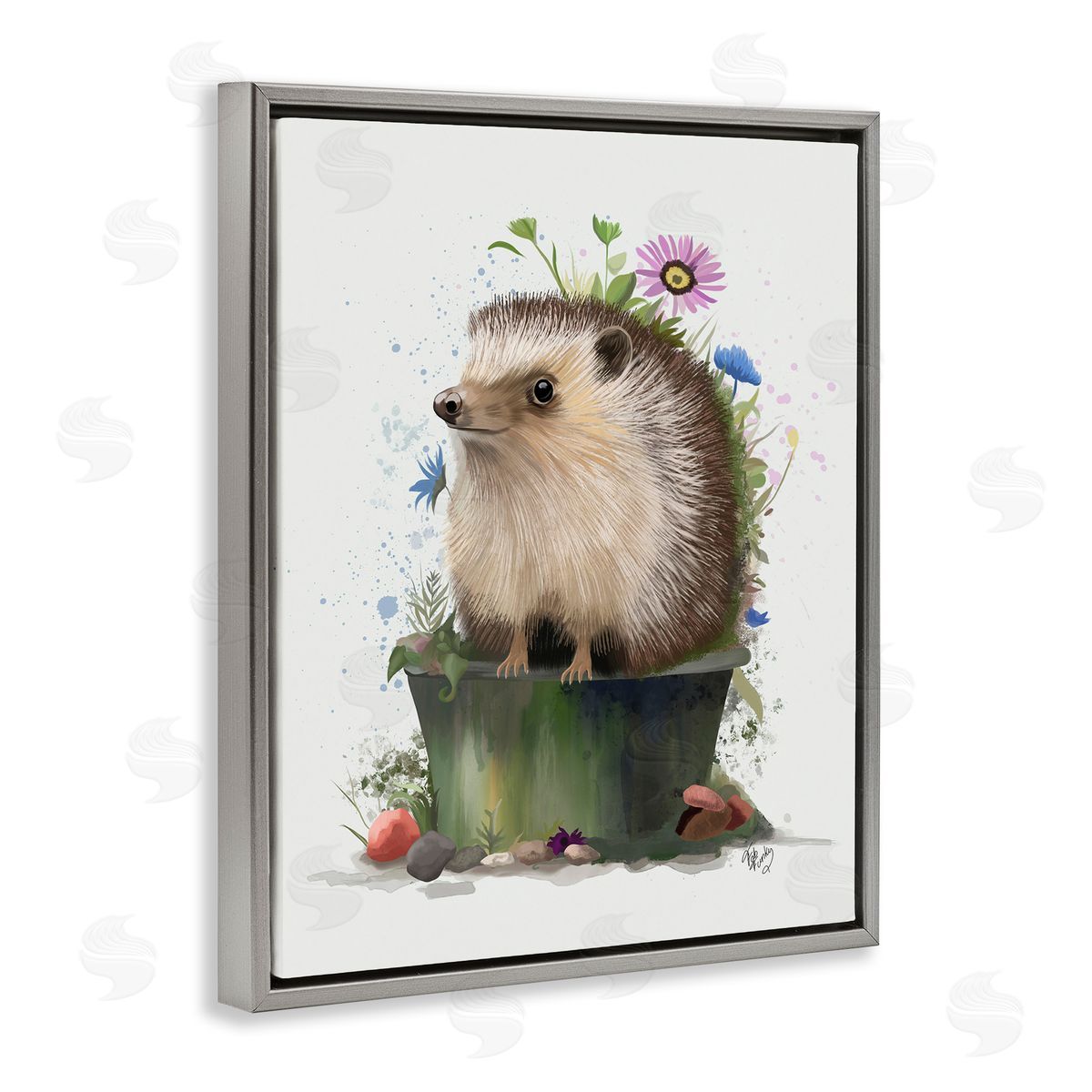 Hedgehog in Gardening Pot Grey Floating Frame Canvas Wall Art, Home Decor by Fab Funky