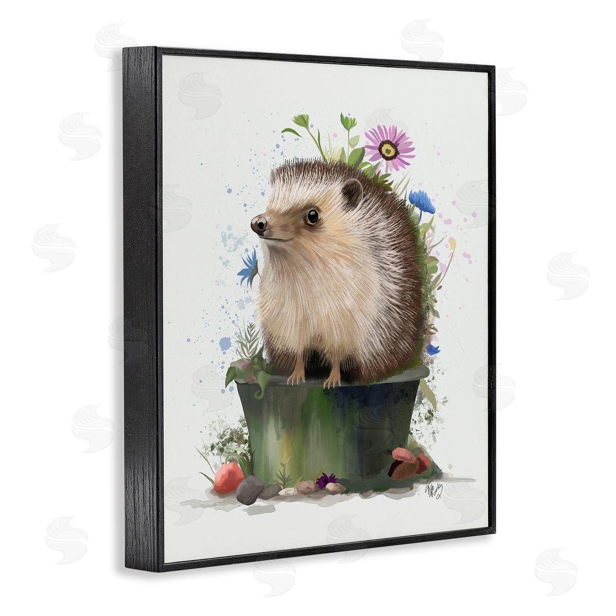 Hedgehog in Gardening Pot Black Frame Print Wall Art, Home Decor by Fab Funky