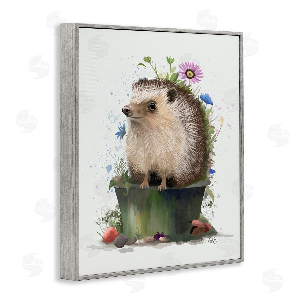 Hedgehog in Gardening Pot Grey Frame Print Wall Art, Home Decor by Fab Funky