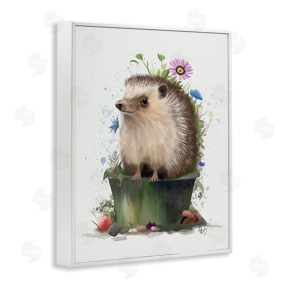 Hedgehog in Gardening Pot White Frame Print Wall Art, Home Decor by Fab Funky