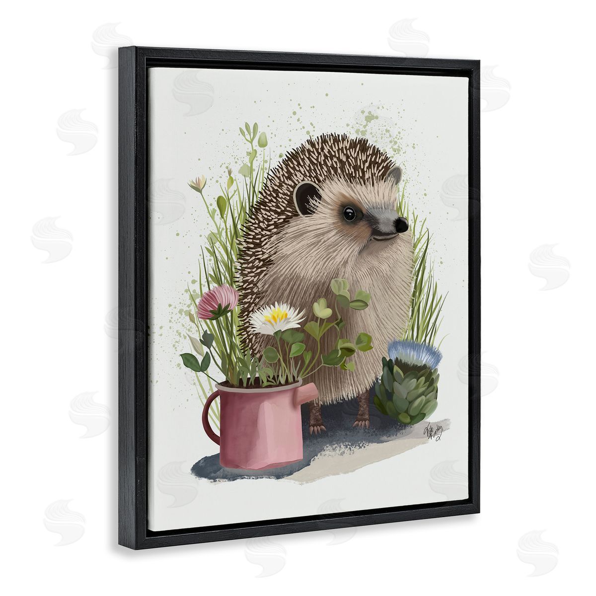 Hedgehog with Garden Plants Black Floating Frame Canvas Wall Art, Home Decor by Fab Funky