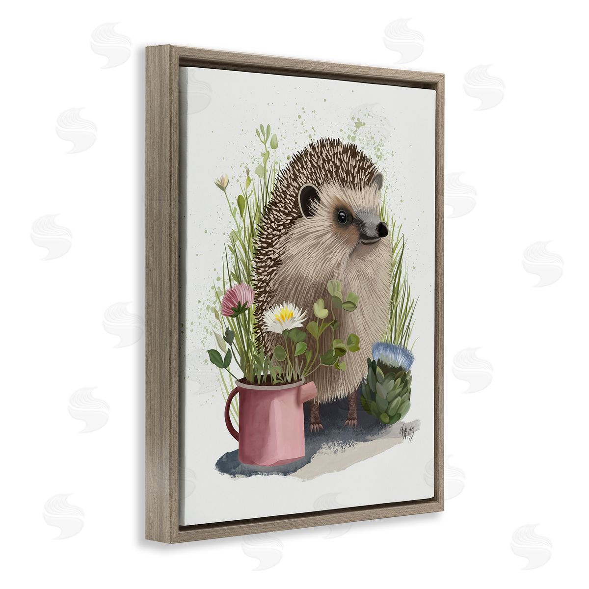 Hedgehog with Garden Plants Brown Floating Frame Canvas Wall Art, Home Decor by Fab Funky