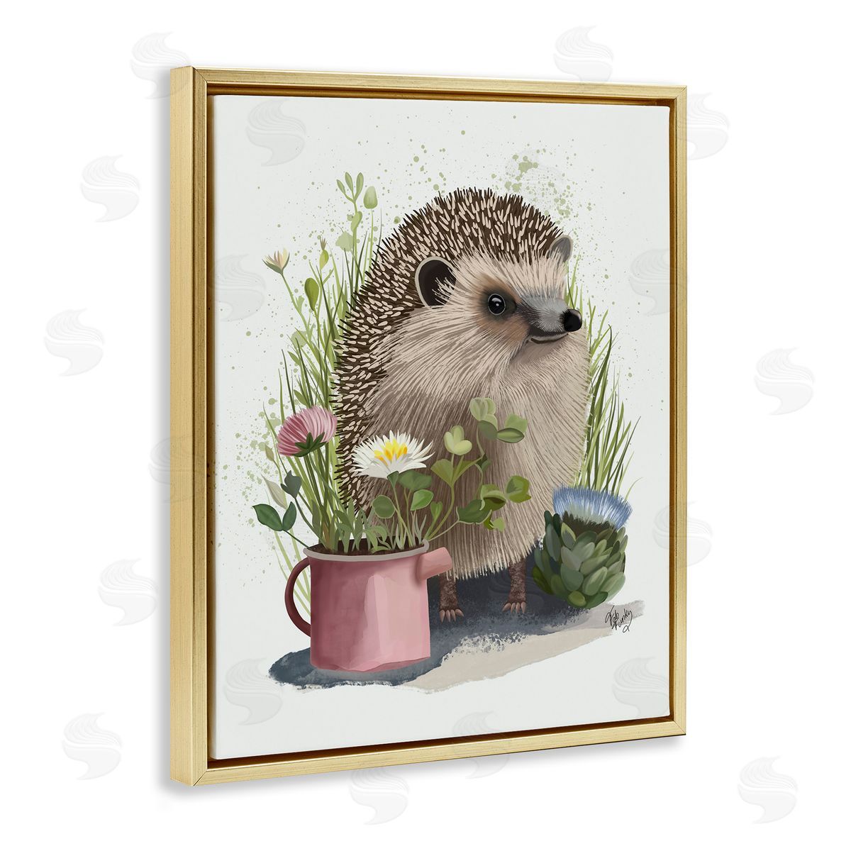 Hedgehog with Garden Plants Gold Floating Frame Canvas Wall Art, Home Decor by Fab Funky