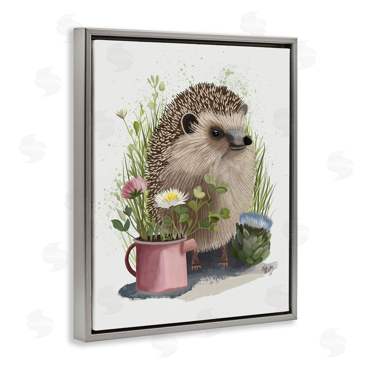 Hedgehog with Garden Plants Grey Floating Frame Canvas Wall Art, Home Decor by Fab Funky