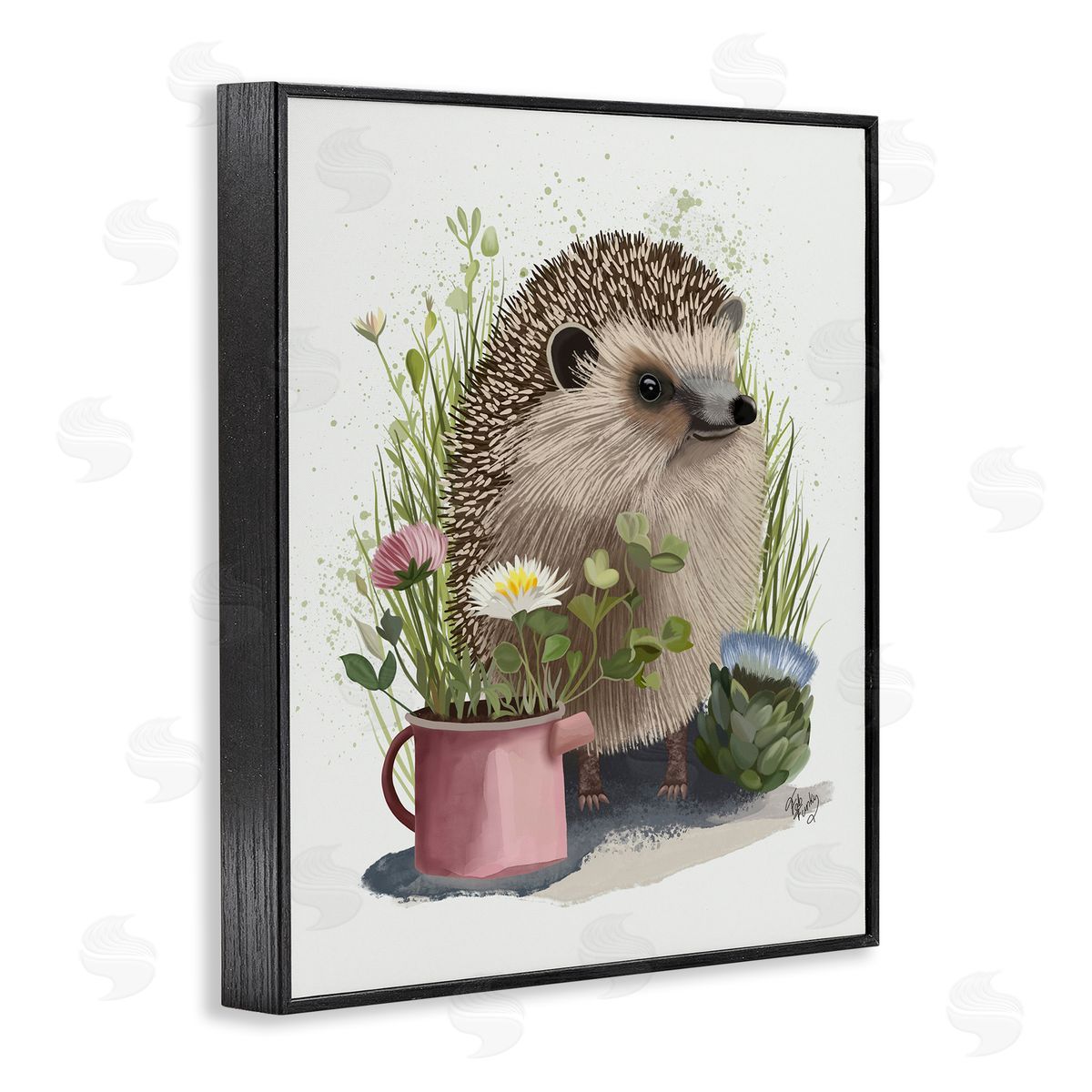 Hedgehog with Garden Plants Black Frame Print Wall Art, Home Decor by Fab Funky