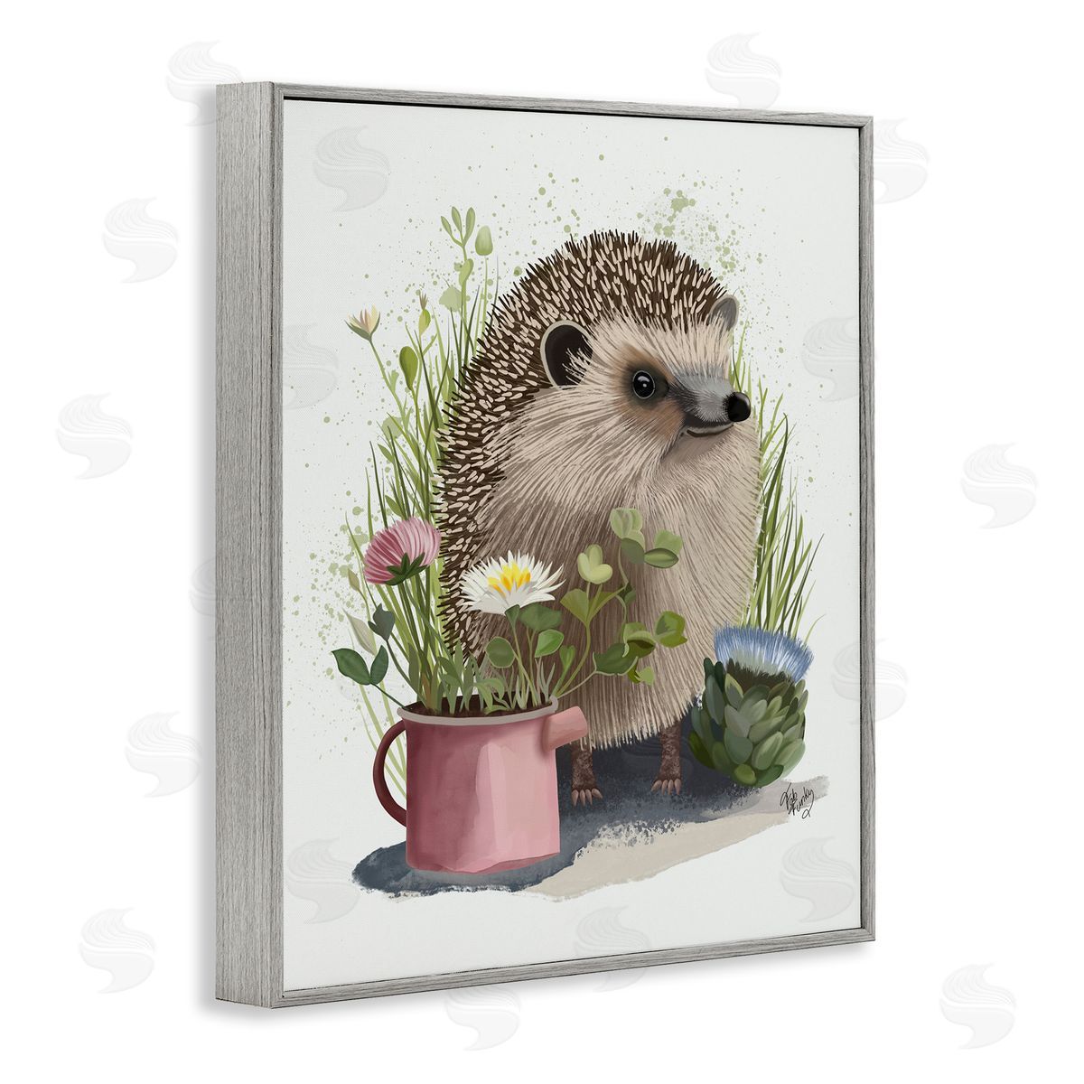 Hedgehog with Garden Plants Grey Frame Print Wall Art, Home Decor by Fab Funky