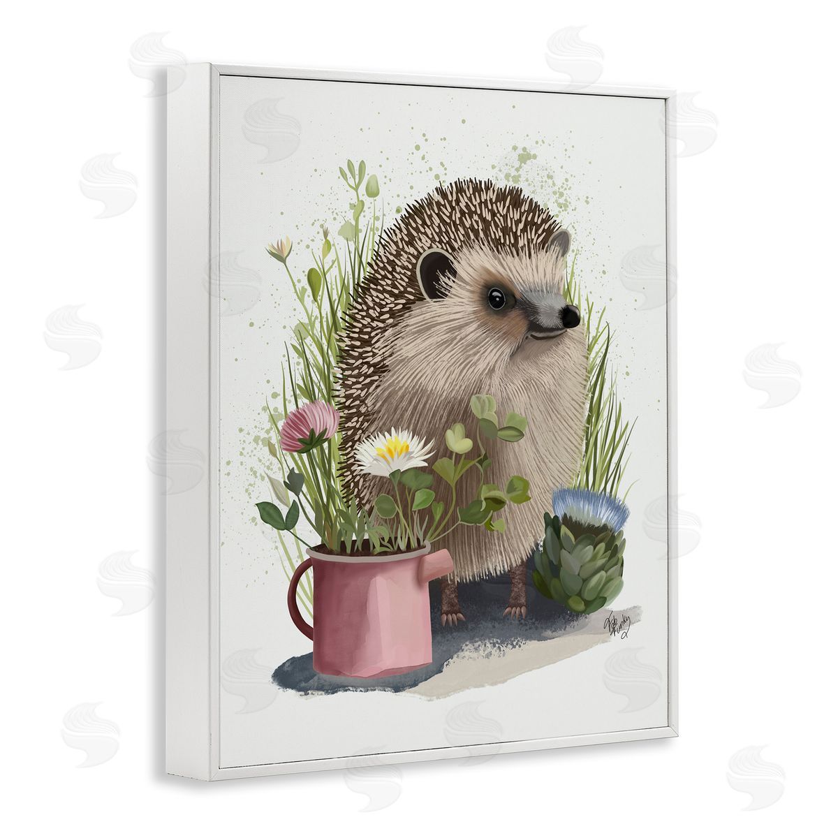 Hedgehog with Garden Plants White Frame Print Wall Art, Home Decor by Fab Funky