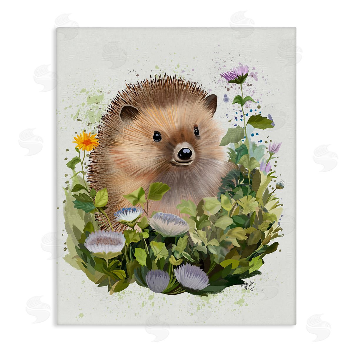 Hedgehog in Floral Meadow Canvas Wall Art, Home Decor by Fab Funky