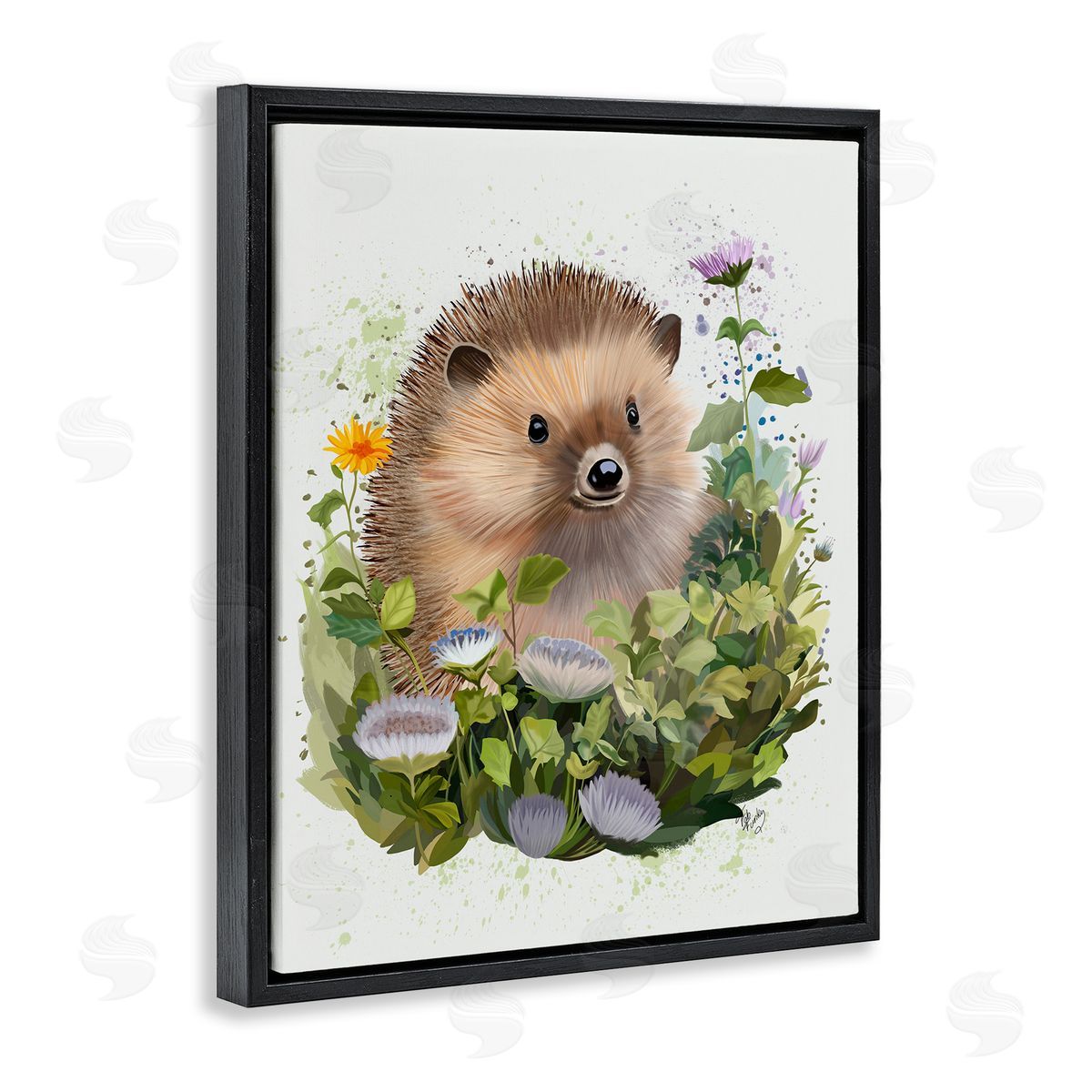 Hedgehog in Floral Meadow Black Floating Frame Canvas Wall Art, Home Decor by Fab Funky