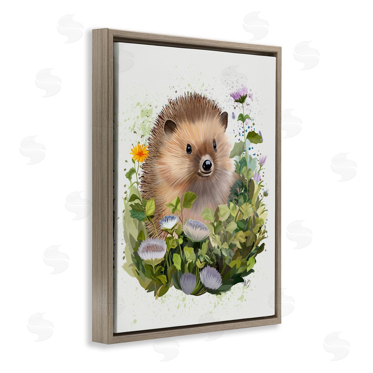 Hedgehog in Floral Meadow Brown Floating Frame Canvas Wall Art, Home Decor by Fab Funky