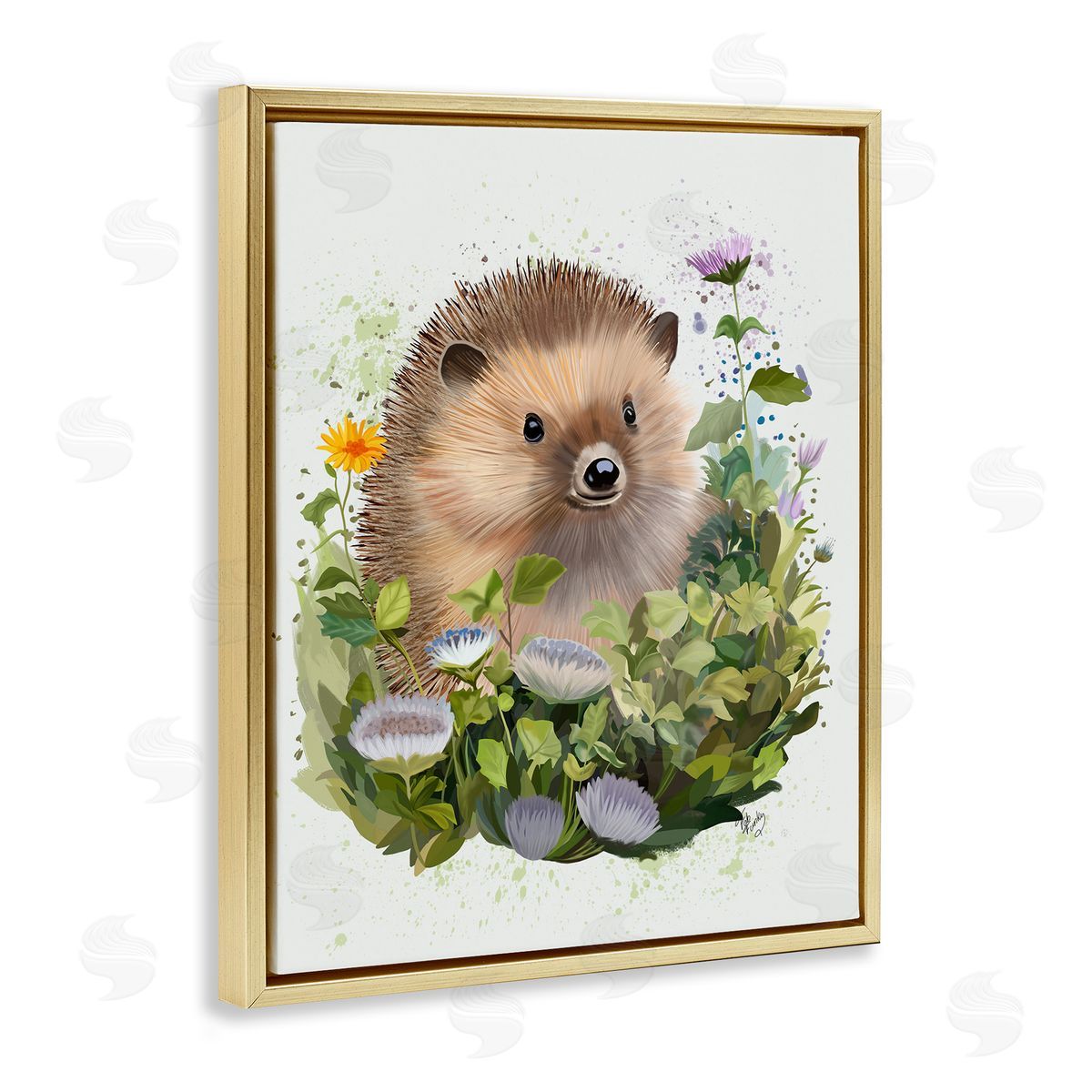 Hedgehog in Floral Meadow Gold Floating Frame Canvas Wall Art, Home Decor by Fab Funky