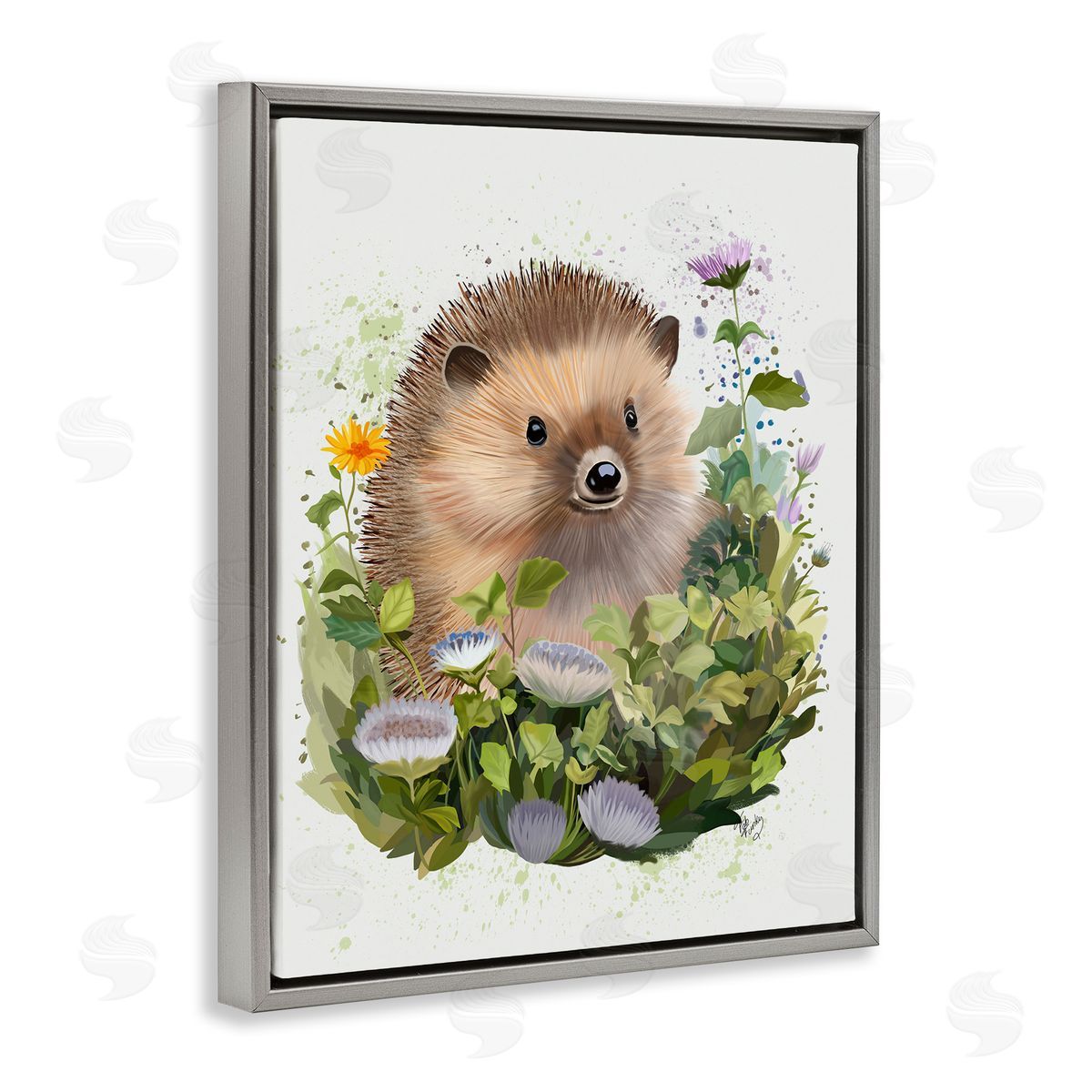 Hedgehog in Floral Meadow Grey Floating Frame Canvas Wall Art, Home Decor by Fab Funky