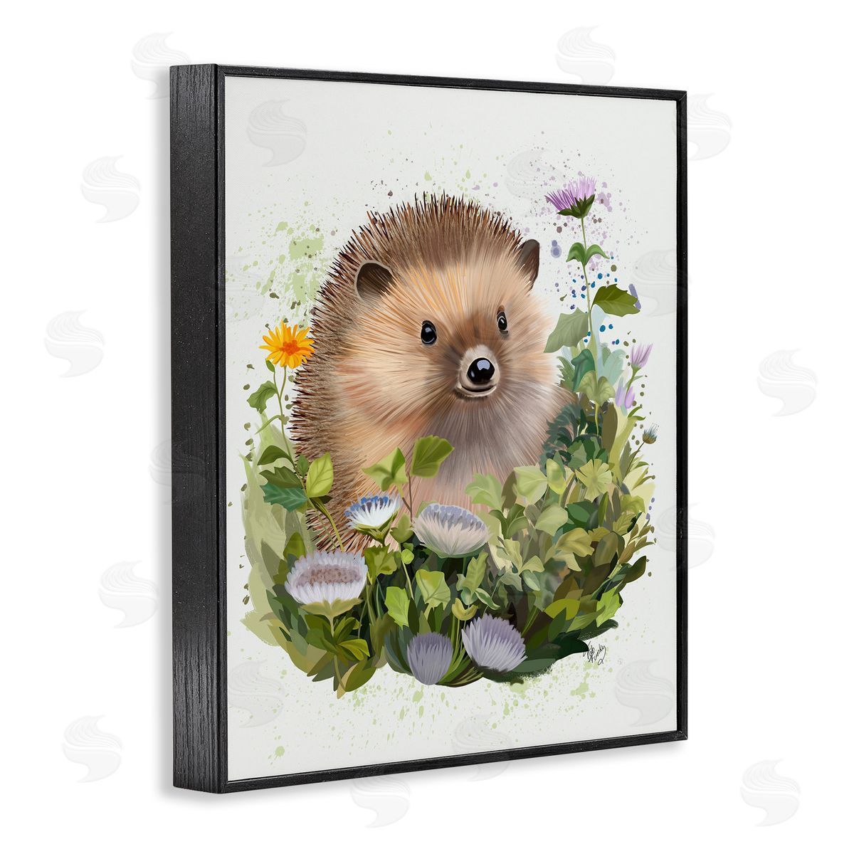 Hedgehog in Floral Meadow Black Frame Print Wall Art, Home Decor by Fab Funky