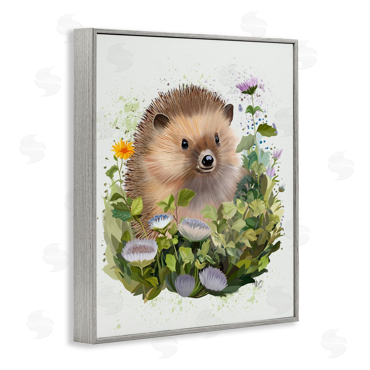 Hedgehog in Floral Meadow Grey Frame Print Wall Art, Home Decor by Fab Funky
