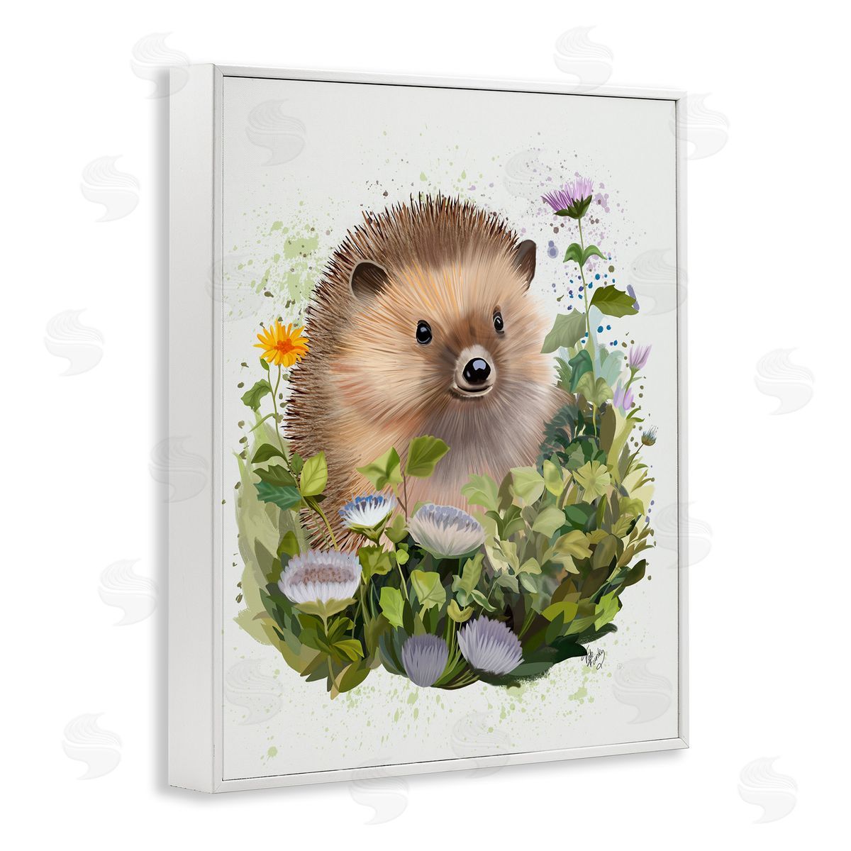 Hedgehog in Floral Meadow White Frame Print Wall Art, Home Decor by Fab Funky