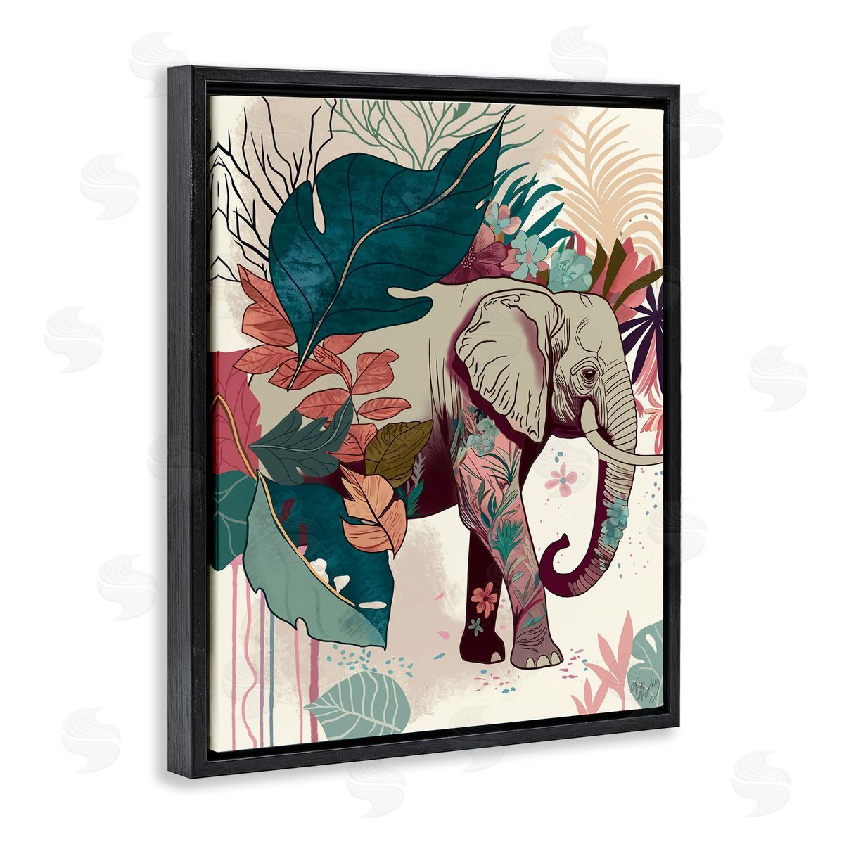 Elephant and Tropical Leaves Black Floating Frame Canvas Wall Art, Home Decor by Fab Funky