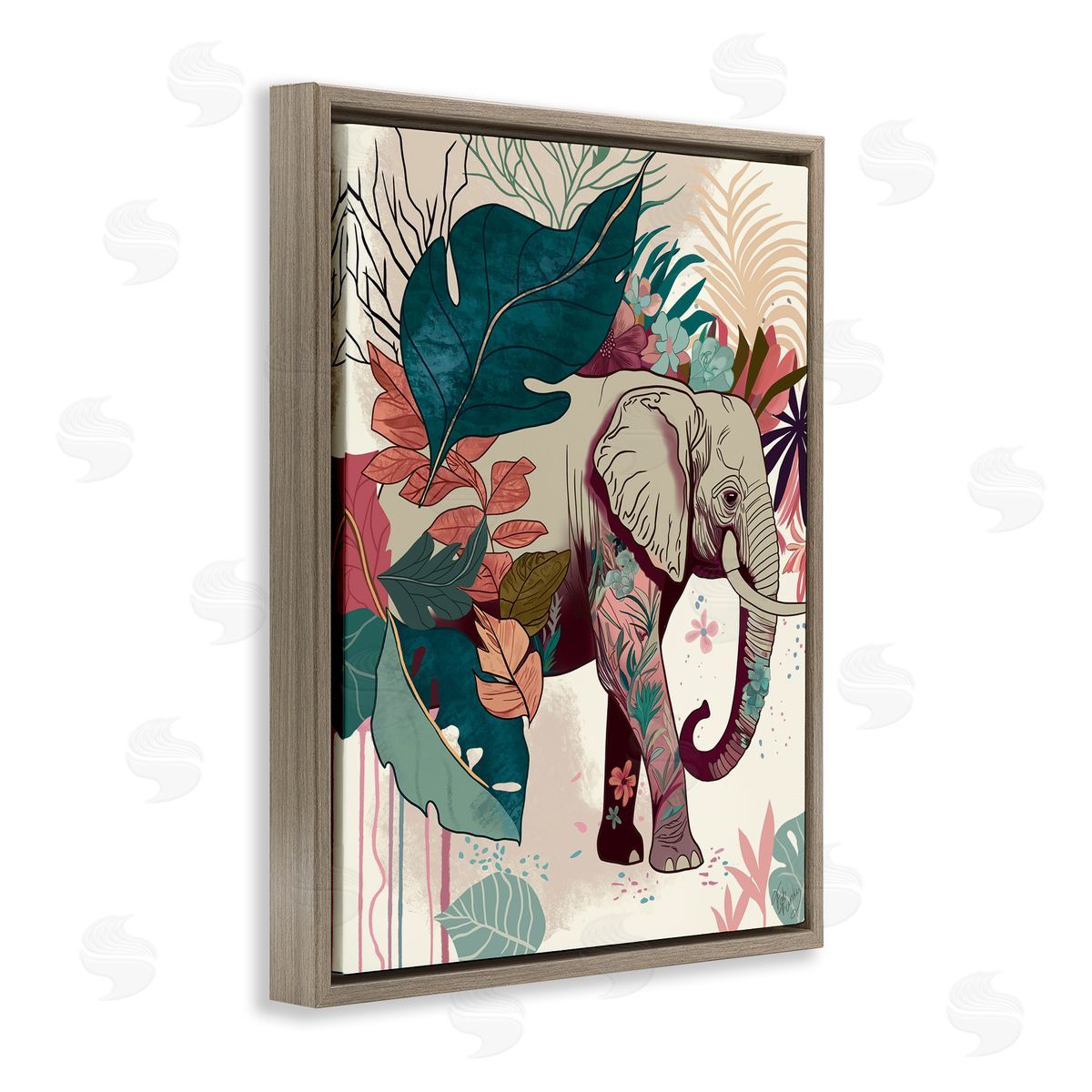 Elephant and Tropical Leaves Brown Floating Frame Canvas Wall Art, Home Decor by Fab Funky