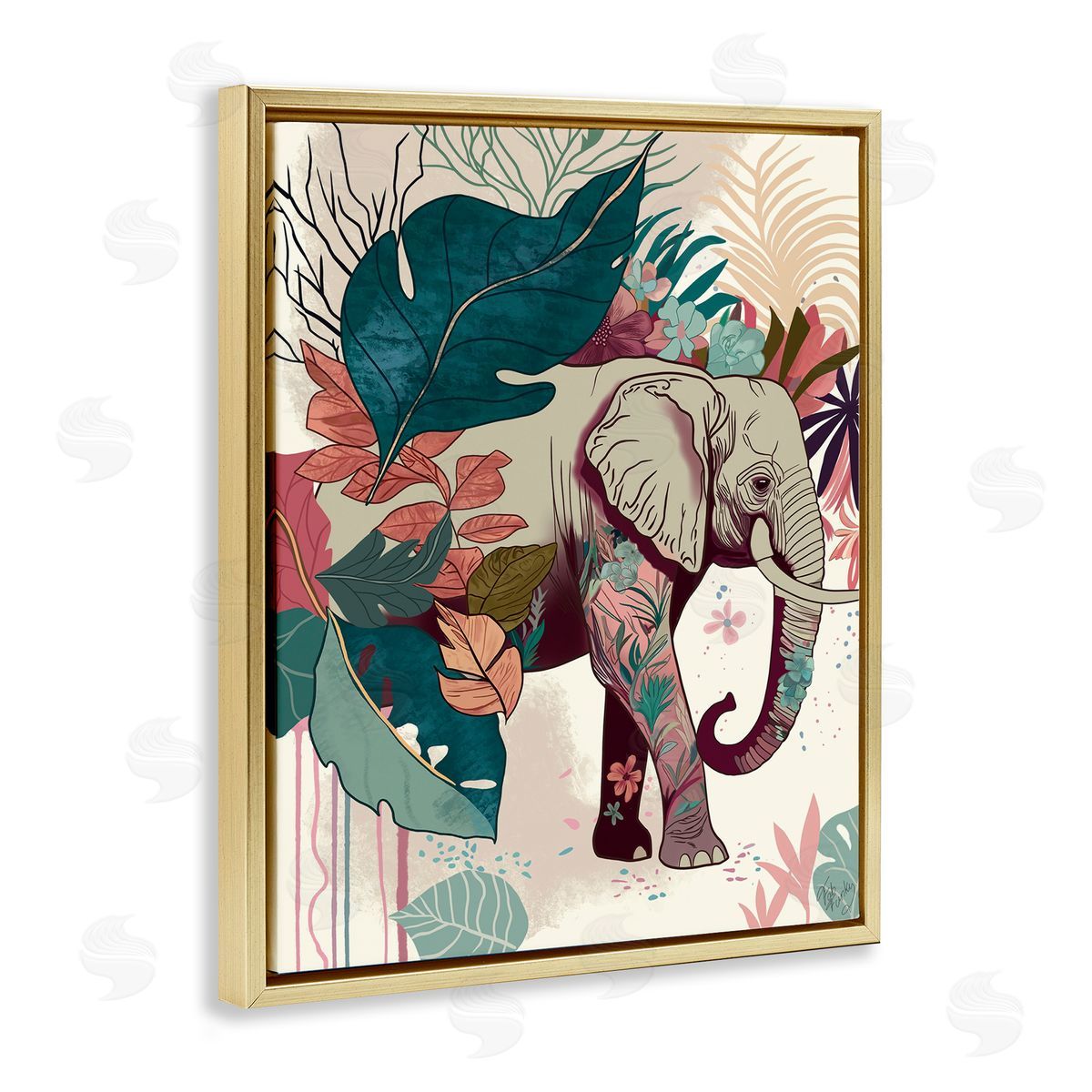 Elephant and Tropical Leaves Gold Floating Frame Canvas Wall Art, Home Decor by Fab Funky