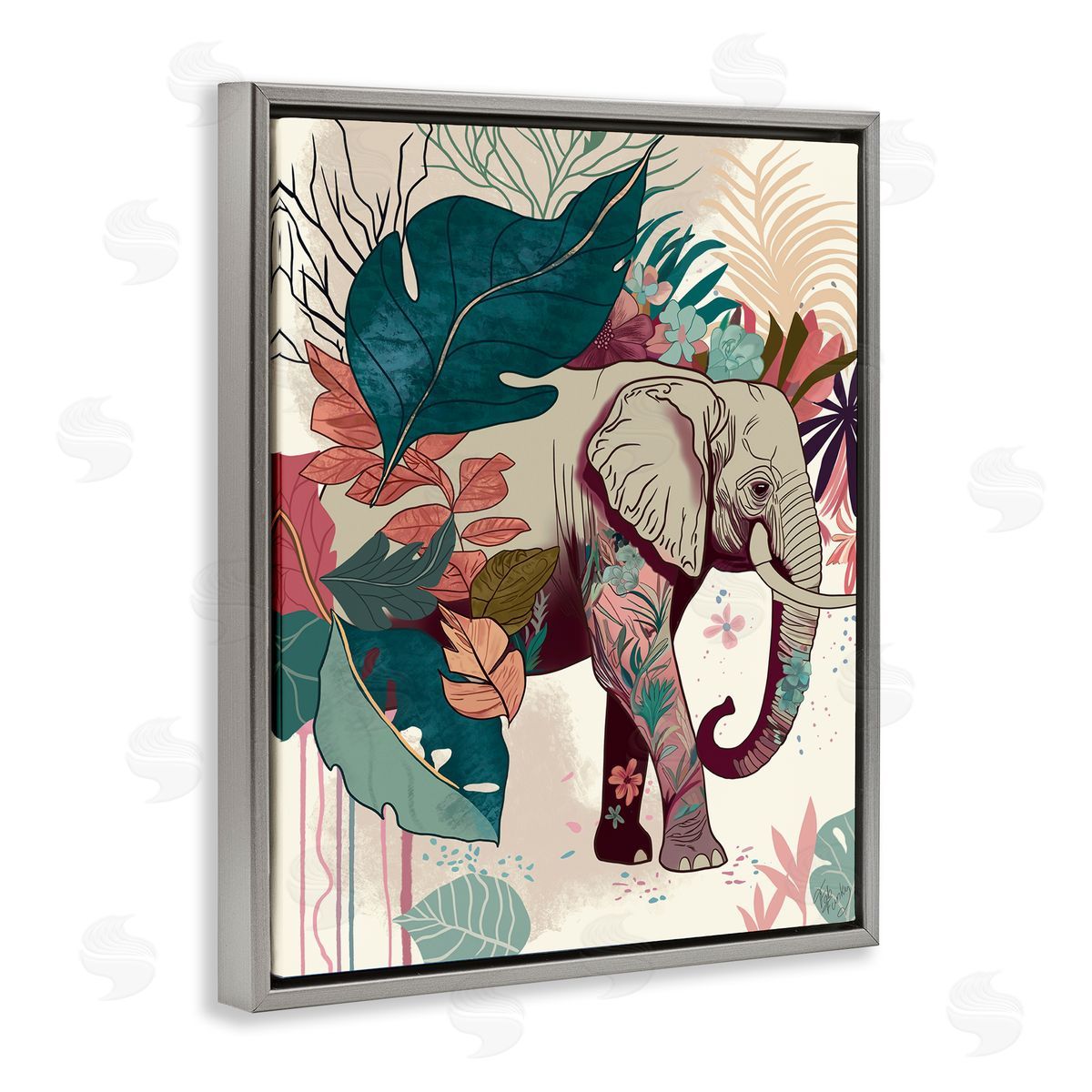 Elephant and Tropical Leaves Grey Floating Frame Canvas Wall Art, Home Decor by Fab Funky