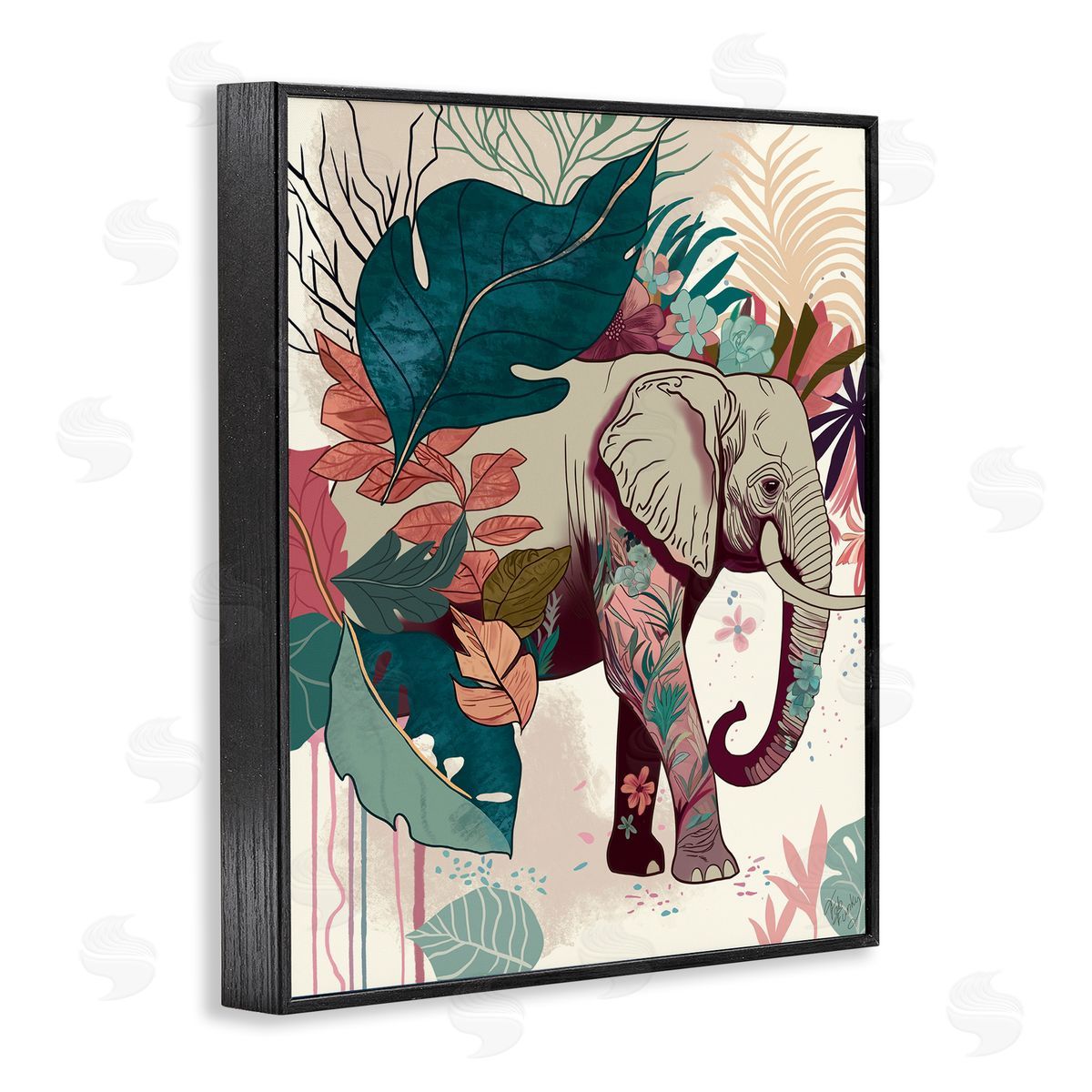 Elephant and Tropical Leaves Black Frame Print Wall Art, Home Decor by Fab Funky