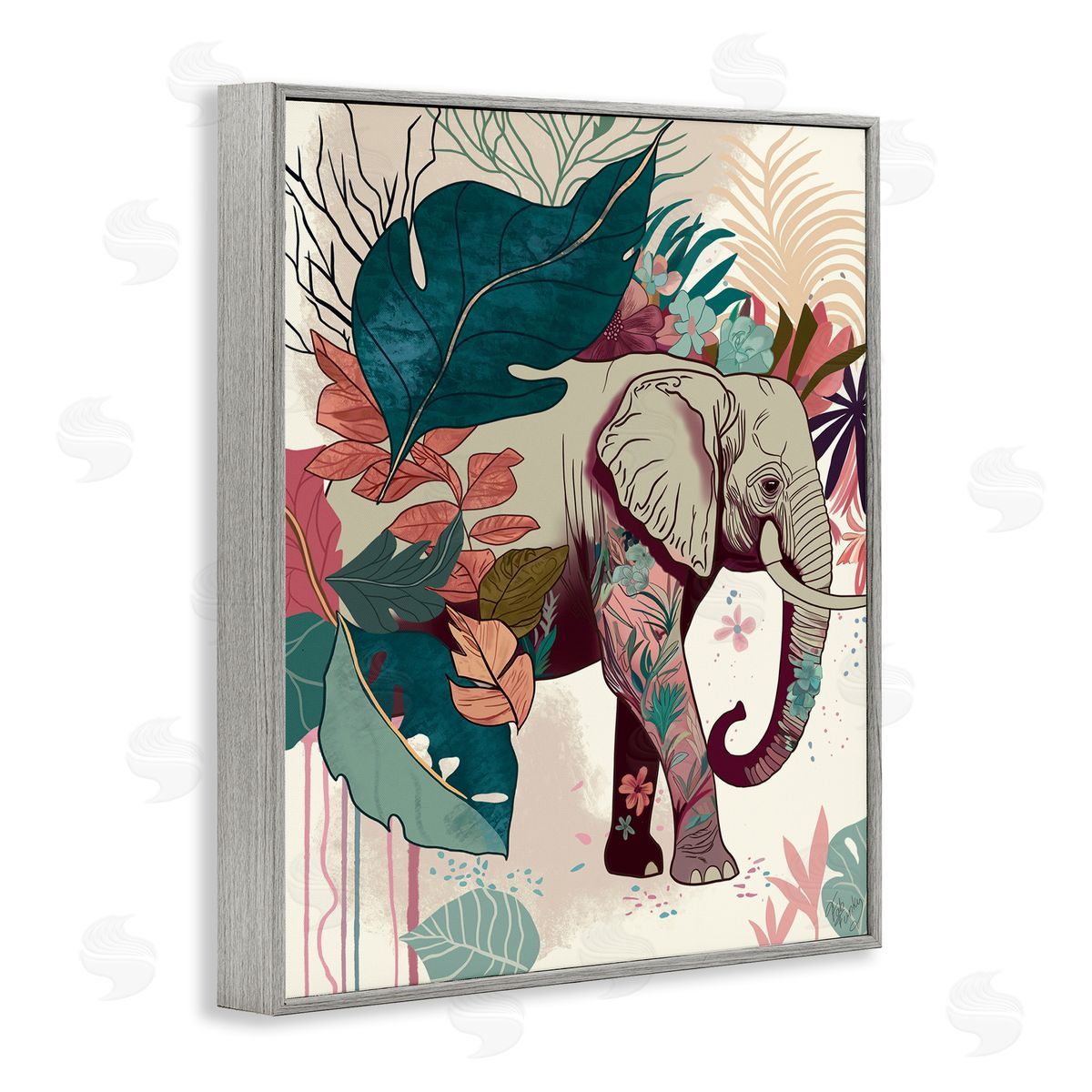 Elephant and Tropical Leaves Grey Frame Print Wall Art, Home Decor by Fab Funky