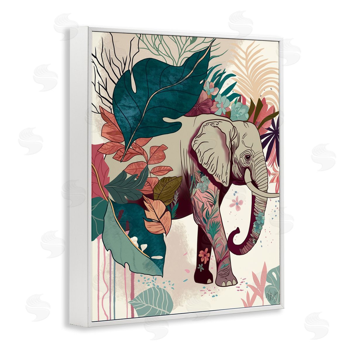 Elephant and Tropical Leaves White Frame Print Wall Art, Home Decor by Fab Funky