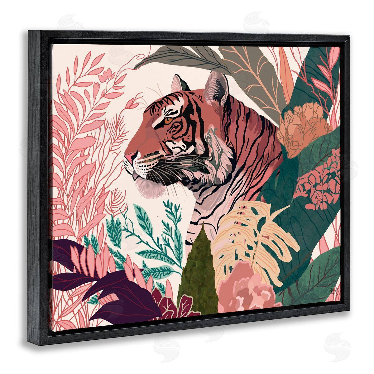 Tiger Peeking from Leaves Black Floating Frame Canvas Wall Art, Home Decor by Fab Funky