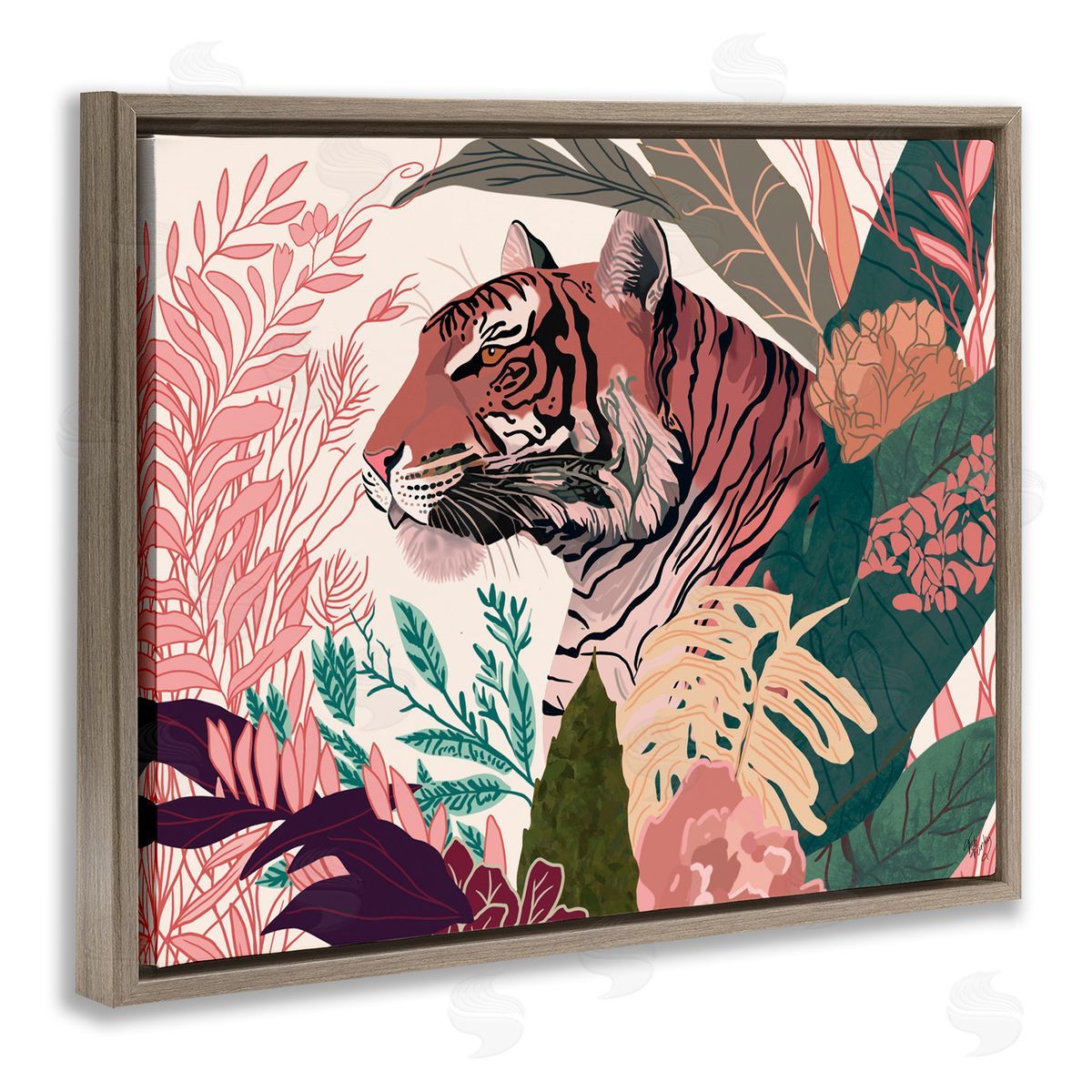 Tiger Peeking from Leaves Brown Floating Frame Canvas Wall Art, Home Decor by Fab Funky