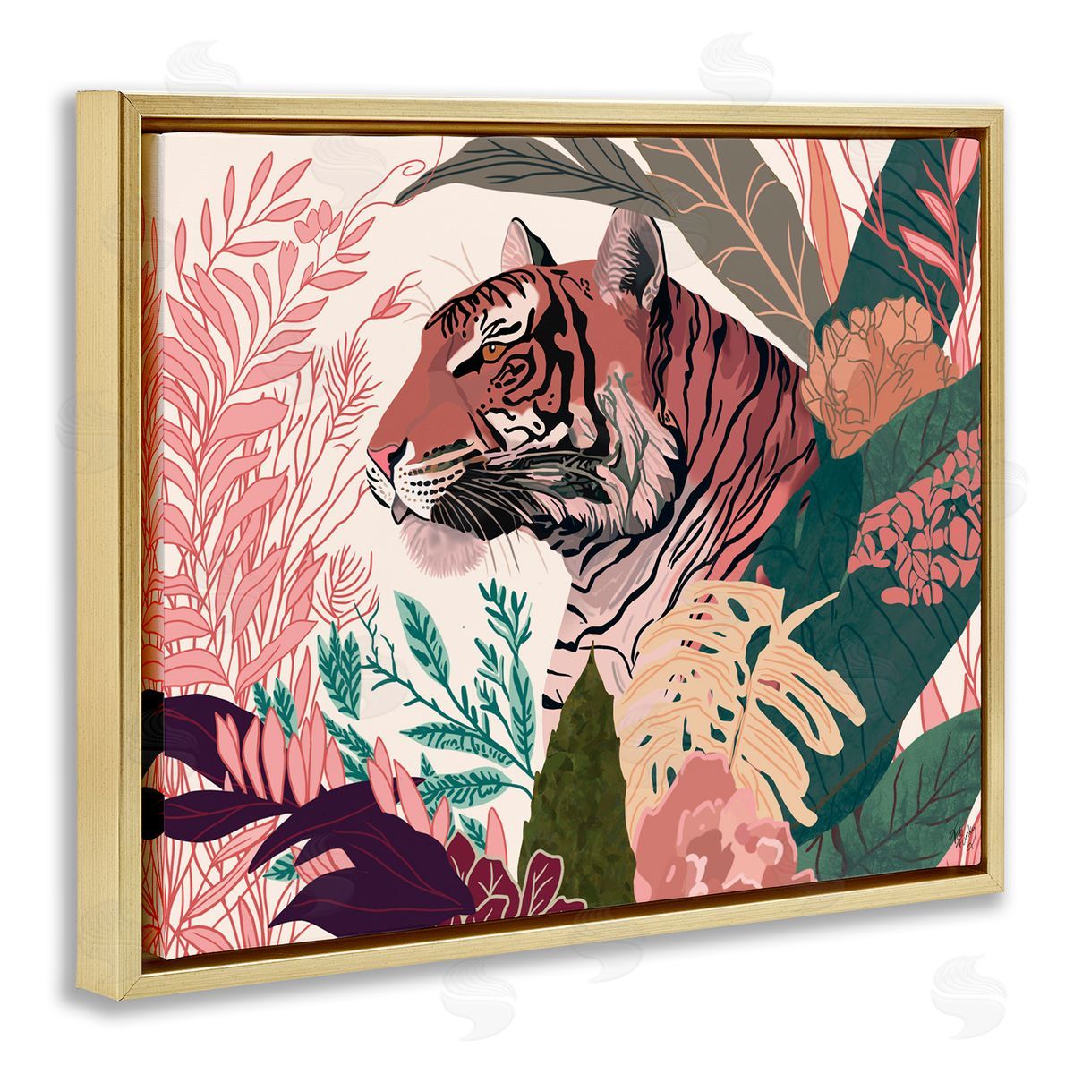 Tiger Peeking from Leaves Gold Floating Frame Canvas Wall Art, Home Decor by Fab Funky