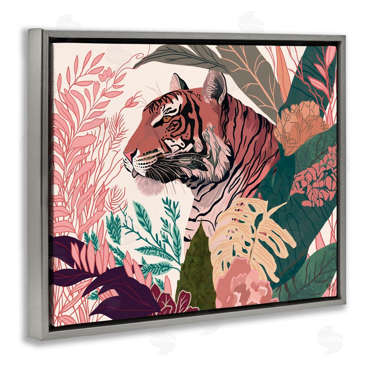 Tiger Peeking from Leaves Grey Floating Frame Canvas Wall Art, Home Decor by Fab Funky