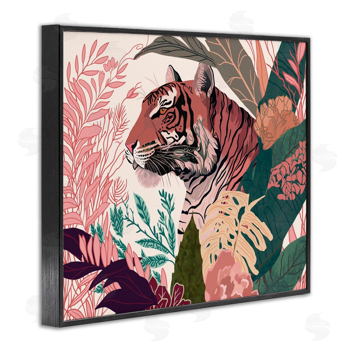 Tiger Peeking from Leaves Black Frame Print Wall Art, Home Decor by Fab Funky
