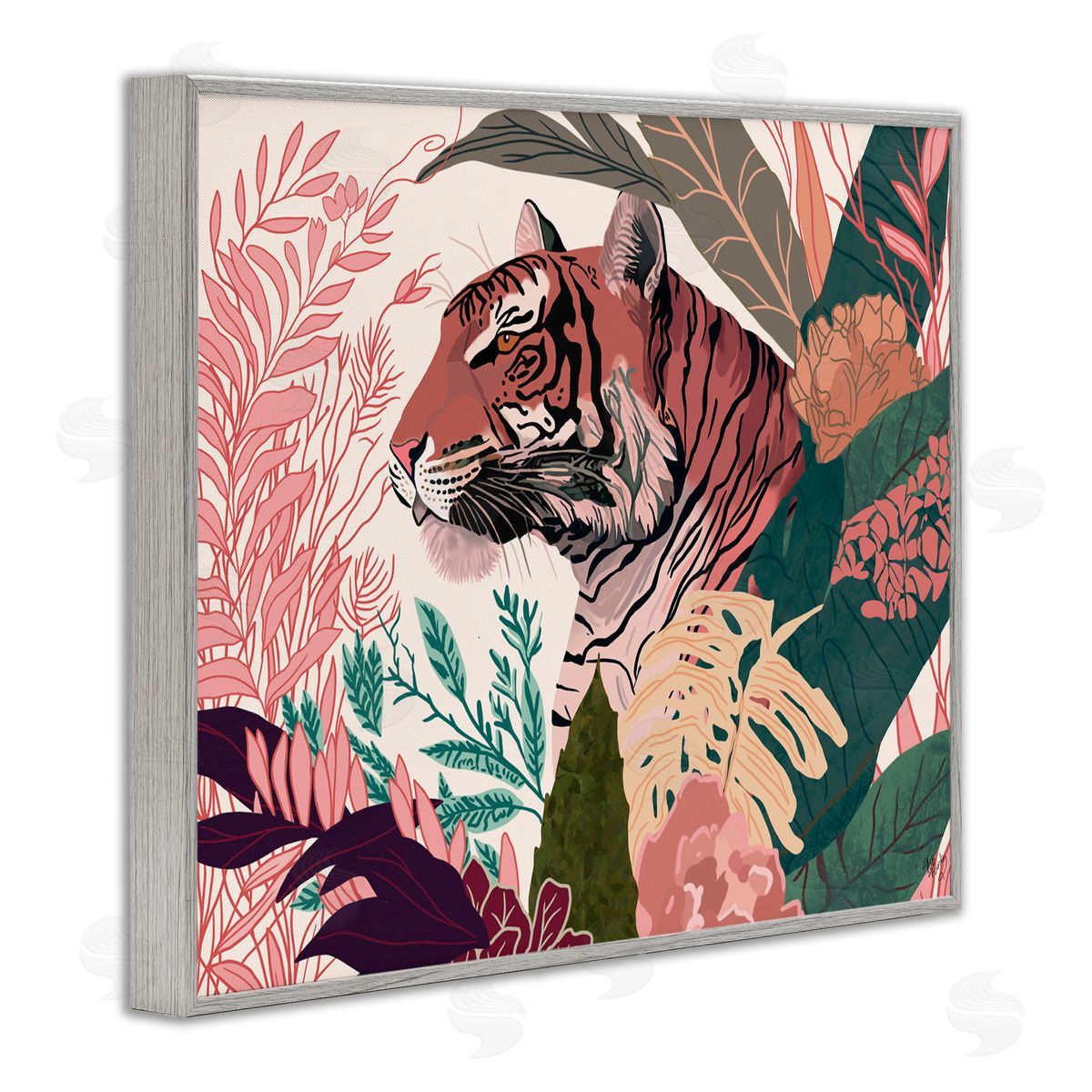Tiger Peeking from Leaves Grey Frame Print Wall Art, Home Decor by Fab Funky