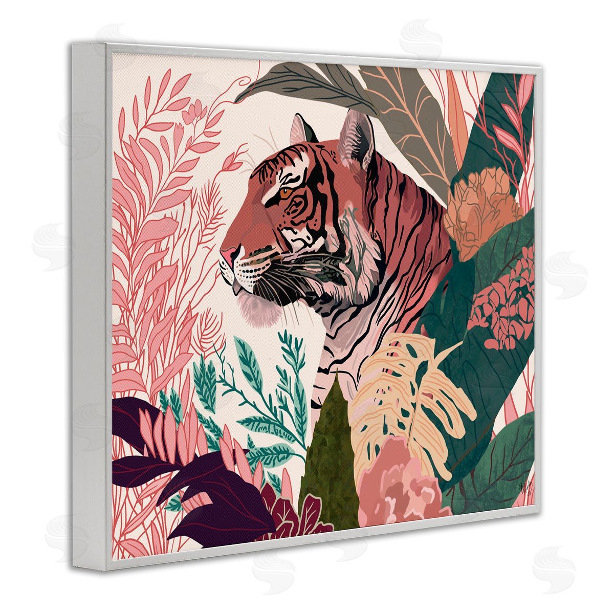 Tiger Peeking from Leaves White Frame Print Wall Art, Home Decor by Fab Funky