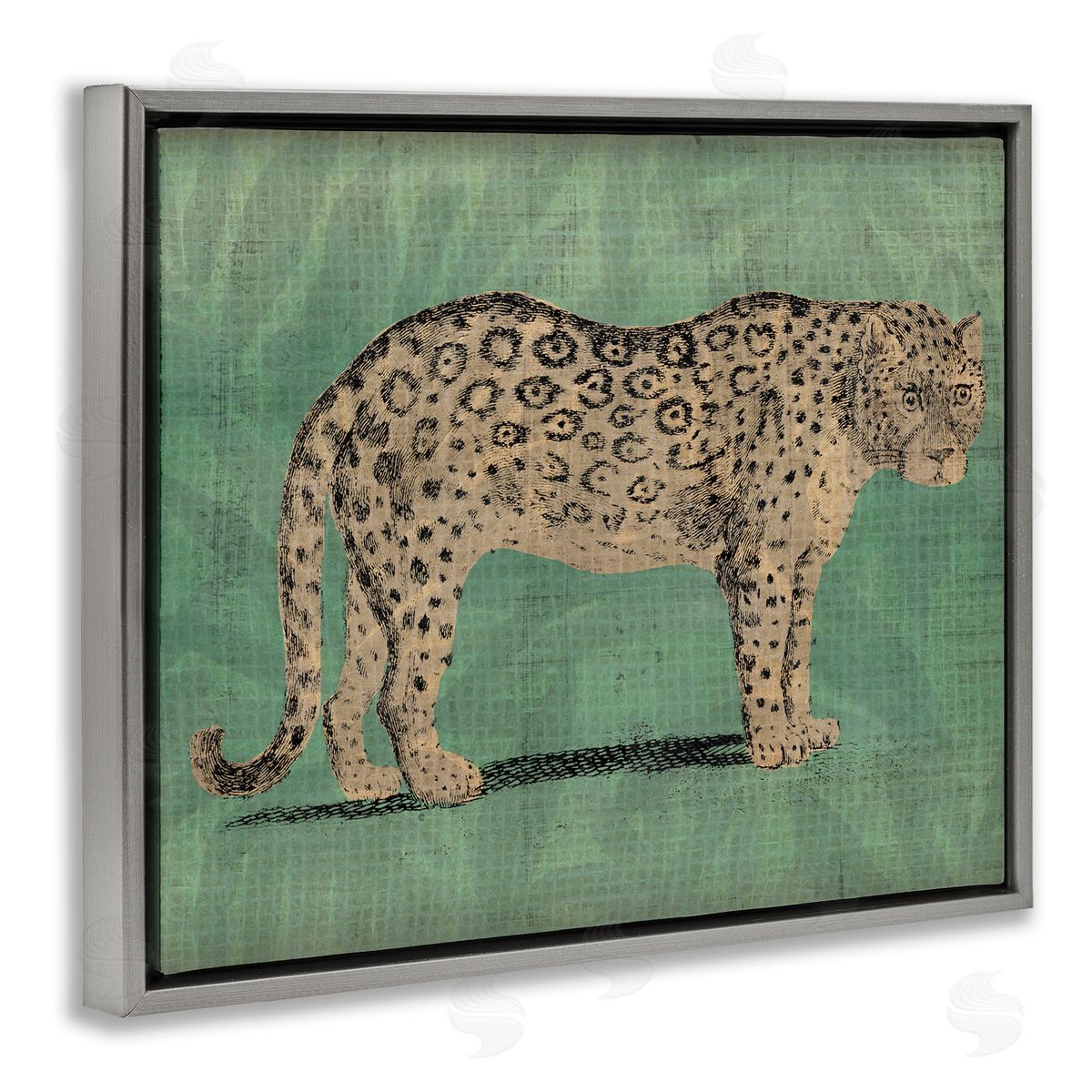 Traditional Cheetah on Green Grey Floating Frame Canvas Wall Art, Home Decor by June Erica Vess