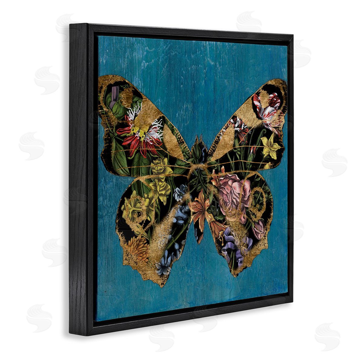 Vintage Floral Butterfly Black Floating Frame Canvas Wall Art, Home Decor by Naomi McCavitt