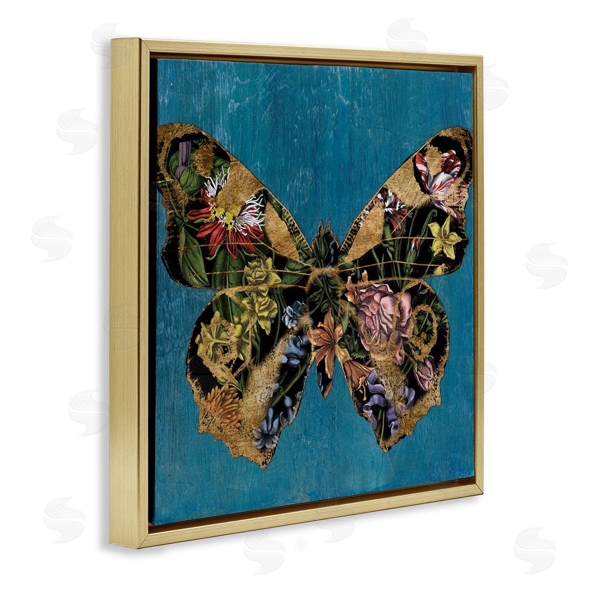 Vintage Floral Butterfly Gold Floating Frame Canvas Wall Art, Home Decor by Naomi McCavitt