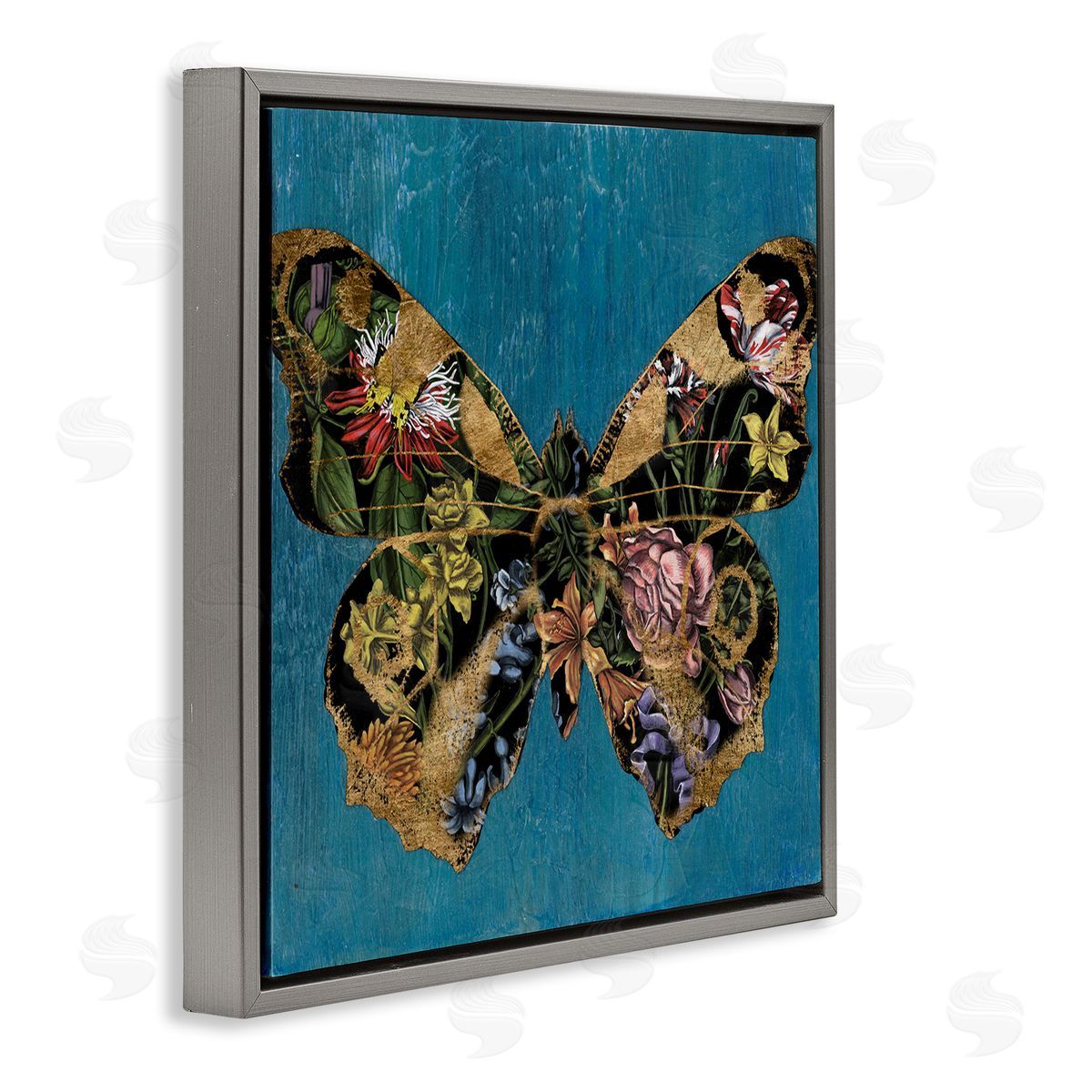 Vintage Floral Butterfly Grey Floating Frame Canvas Wall Art, Home Decor by Naomi McCavitt