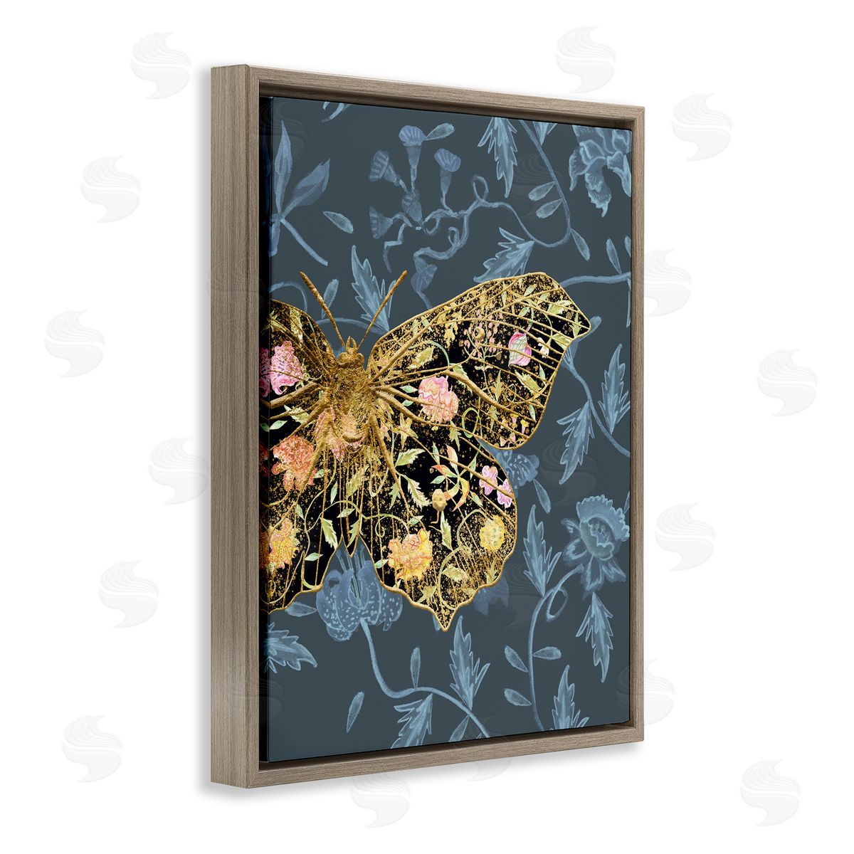 Blue and Gold Butterfly Brown Floating Frame Canvas Wall Art, Home Decor by Melissa Wang
